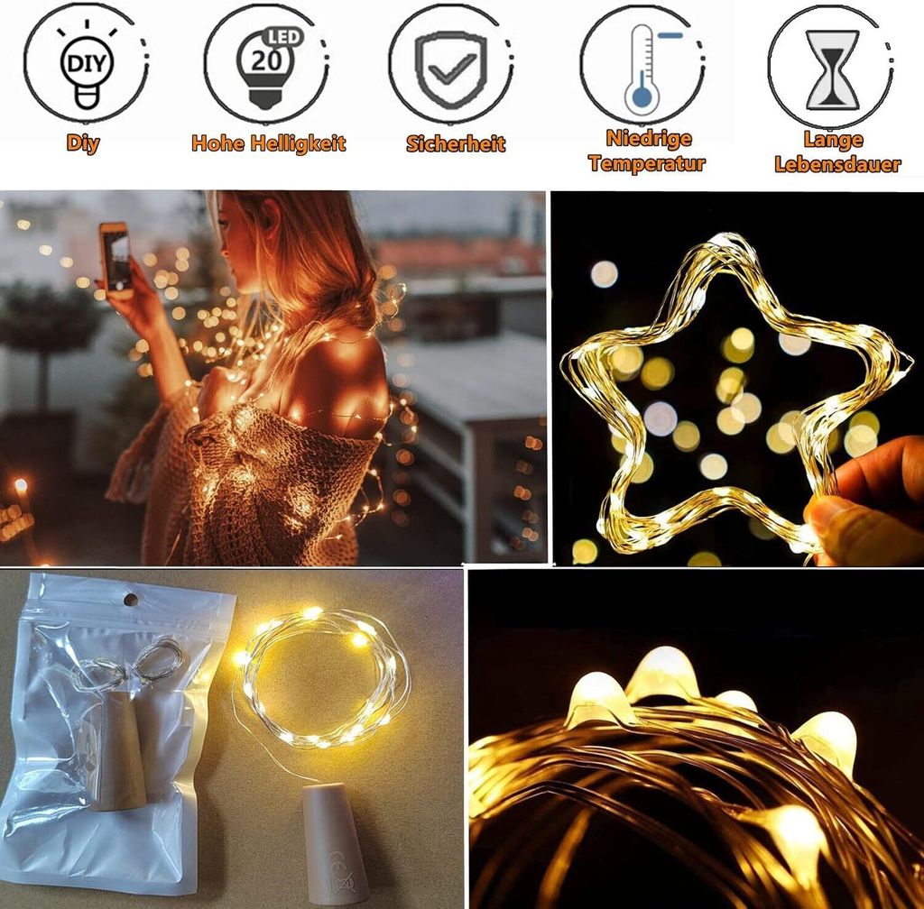 LED Flaschen-Lichterkette – 10 Stück, Je 2m, Warmweiß, Mit Korken & Batterie