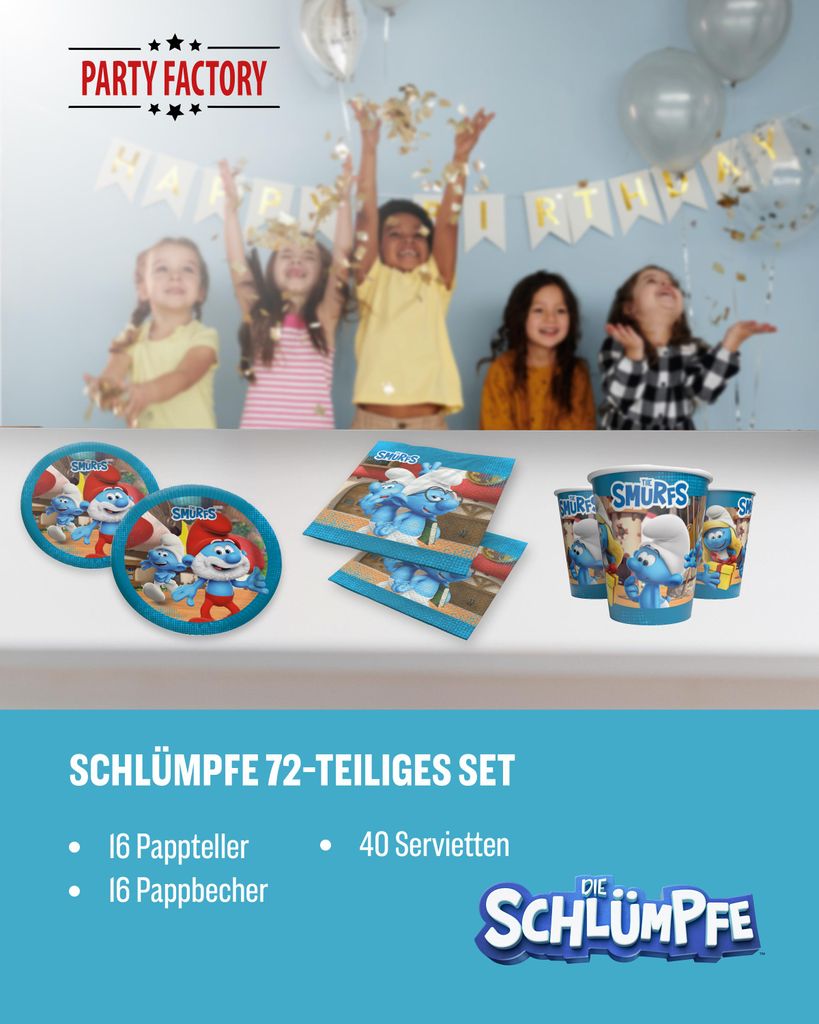 Die Schlümpfe 72-tlg. Party Set – Deko mit Tellern Servietten Bechern