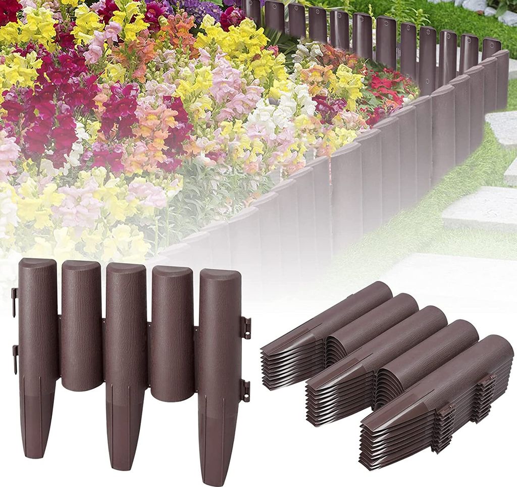 ACXIN Rasenkante Kunststoff 5,6m Holz Optik Beeteinfassung Mähkante Beetumrandung Palisade Garden Border Beetzaun Gartenumrandung, 28 x 24cm Braun