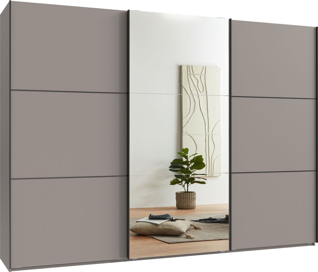 Schwebetürenschrank Kleiderschrank 3-tür 300cm Vollausstattung Sand Grau Spiegel / 22020