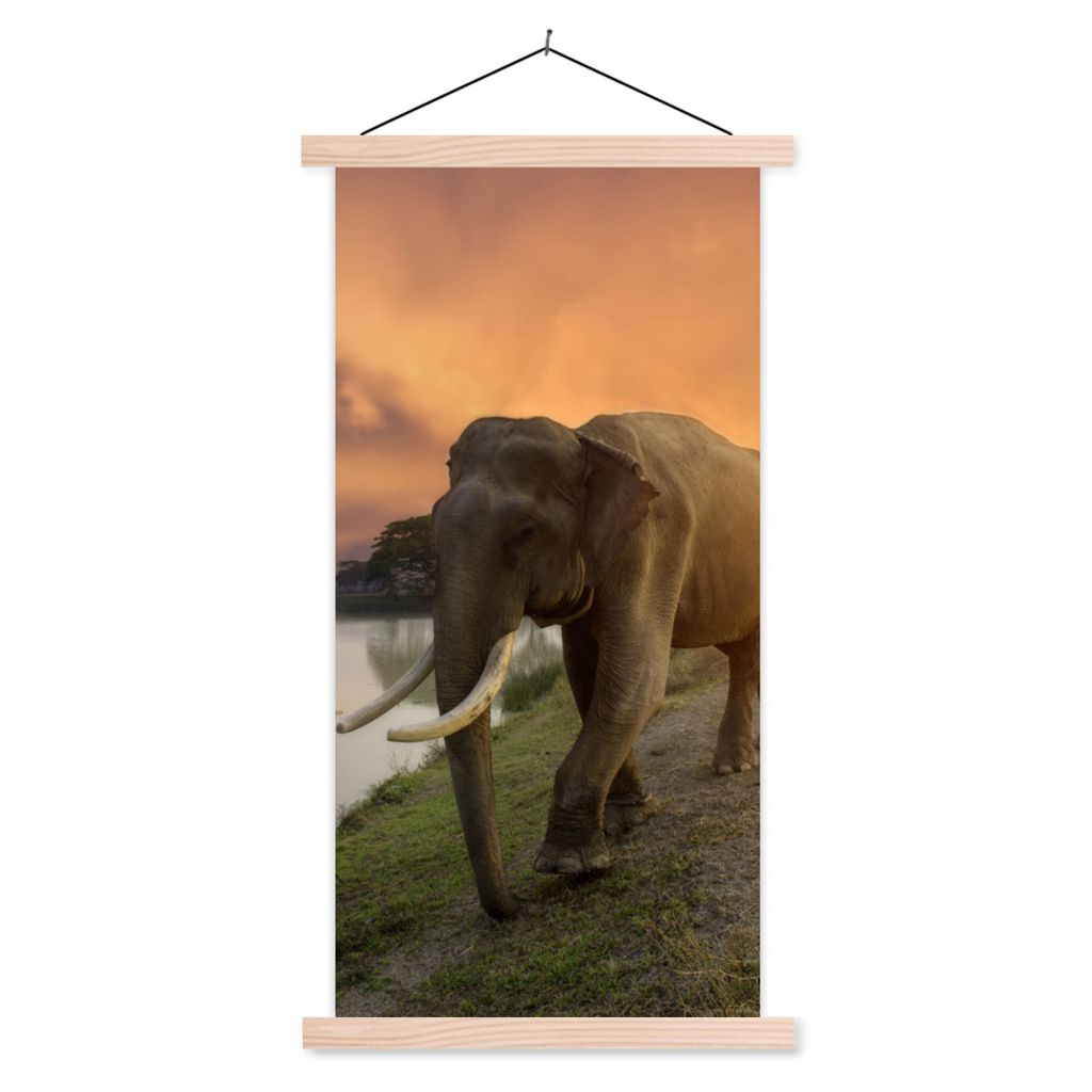 MuchoWow Textilposter Elefant - Wasser - Tiere - Sonnenuntergang - Natur 40x80 cm mit holzfarbenen Rahmen - Wohnzimmer