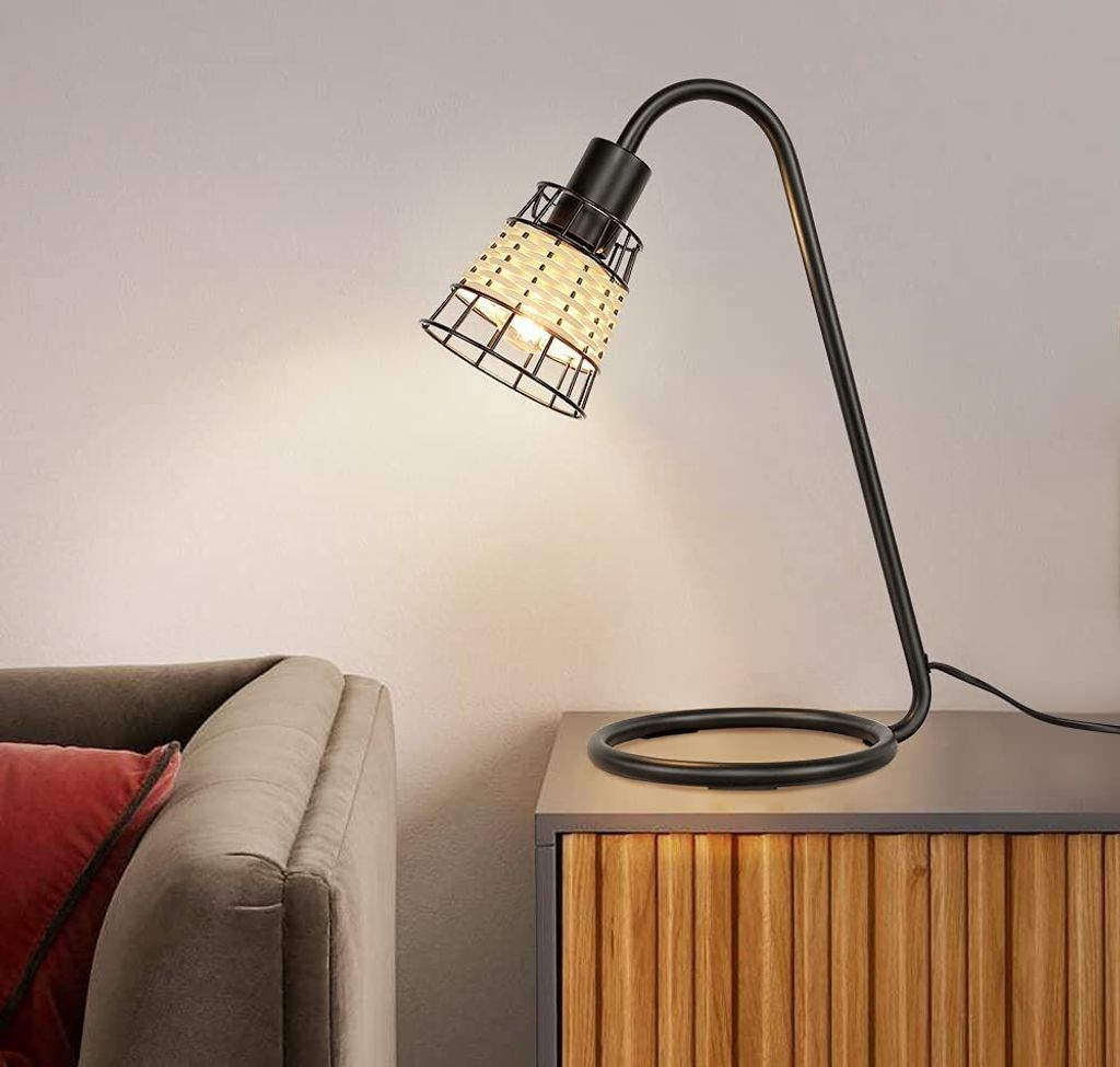 Depuley Nachttischlampe Schreibtischlampe Vintage mit Gewebtem Lampenschirm, Rattan Bambus Tischleuchte Schwarz Landhausstil, Deko Tischlampe mit E14 Fassung,  Warmweiß Nachttischleuchte für Wohnzimmer Schalfzimmer Büro