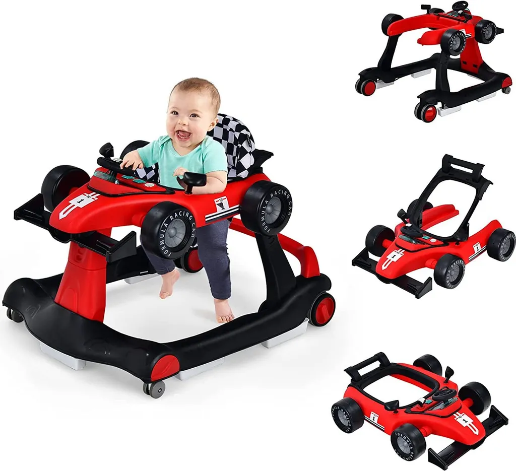 Trotteur Bébé Évolutif et Chariot de Marche Pliable Rouge et Noir