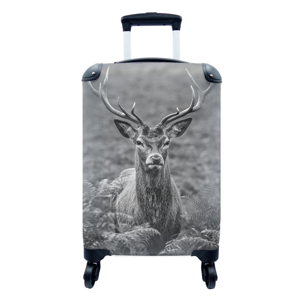 MuchoWow Koffer Handgepäck Trolley Rollkoffer Kleine Reisekoffer mit 4 Rollen - Rothirsch mit Geweih - schwarz und weiß - Cabin Size < 55x40x23...