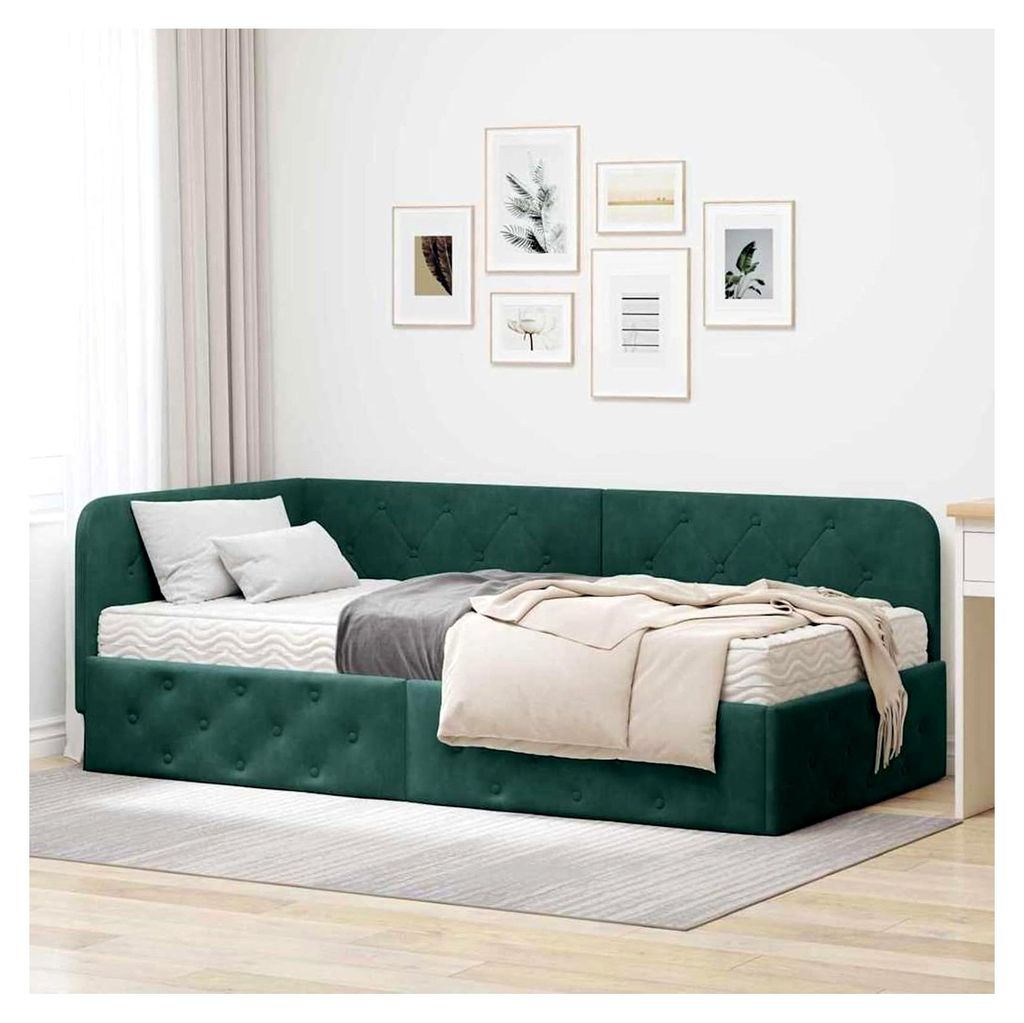Eckbettgestell mit Matratze Dunkelgrün 90 x 190 cm Samt
