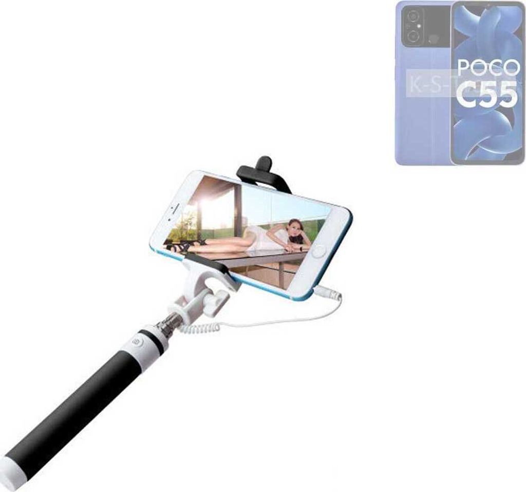 K-S-Trade Selfie Stick kompatibel mit POCO C55 Selfiestick kabelgebunden Monopod mit Kabel Stab Stange Selfportrait Handheldstick schwarz 1x