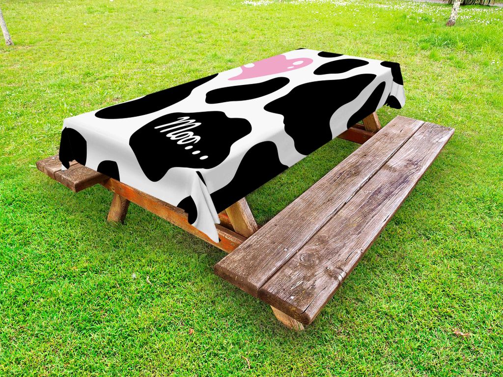 ABAKUHAUS Kuh-Druck Tischdecke Outdoor, Kamouflage Tarnmuster Herzform Landschaft Liebe Wiederholendes Muster, Schwarz Weiß Rosa, 145x305cm