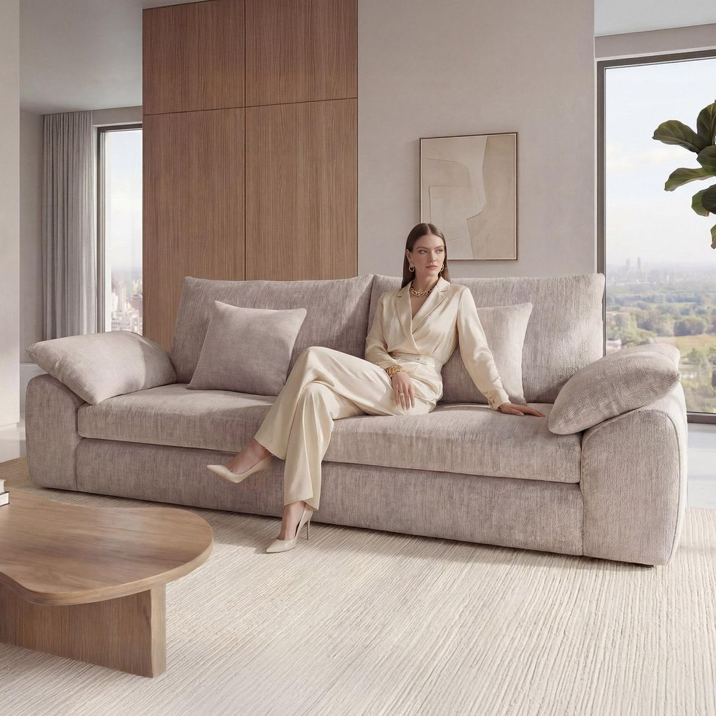 riess-ambiente Big Sofa SOHO 265cm beige Chenille 4-Sitzer mit Zierkissen Wellenunterfederung