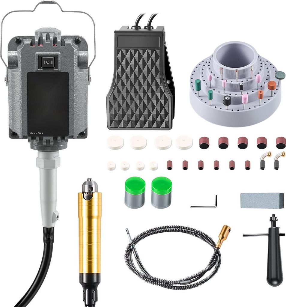 Elektrisches Multifunktionswerkzeug - Rotationswerkzeug mit Flexwelle - 1200 W - 30.000 U/min - Fußpedalsteuerung - Hängemotor - 112-tlg. Zubehö...