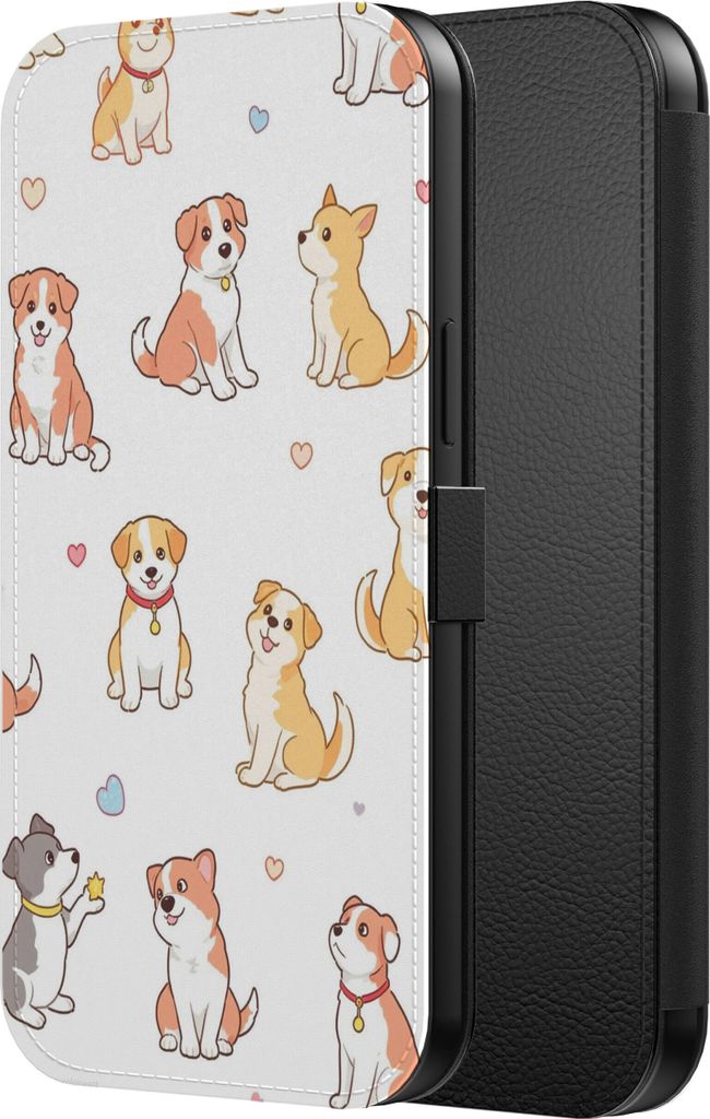 Smartphonica Telefon Fall passt iPhone 14 Plus Kunstleder Bücherregal Fall mit magnetischer Lippe und Kartenhalter mit Hund drucken