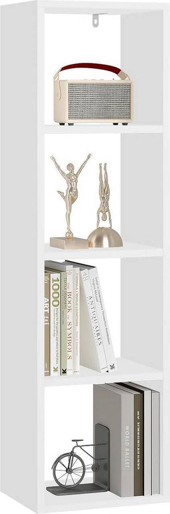 A white, four-tiered cube shelf unit displaying various decorative items and books.