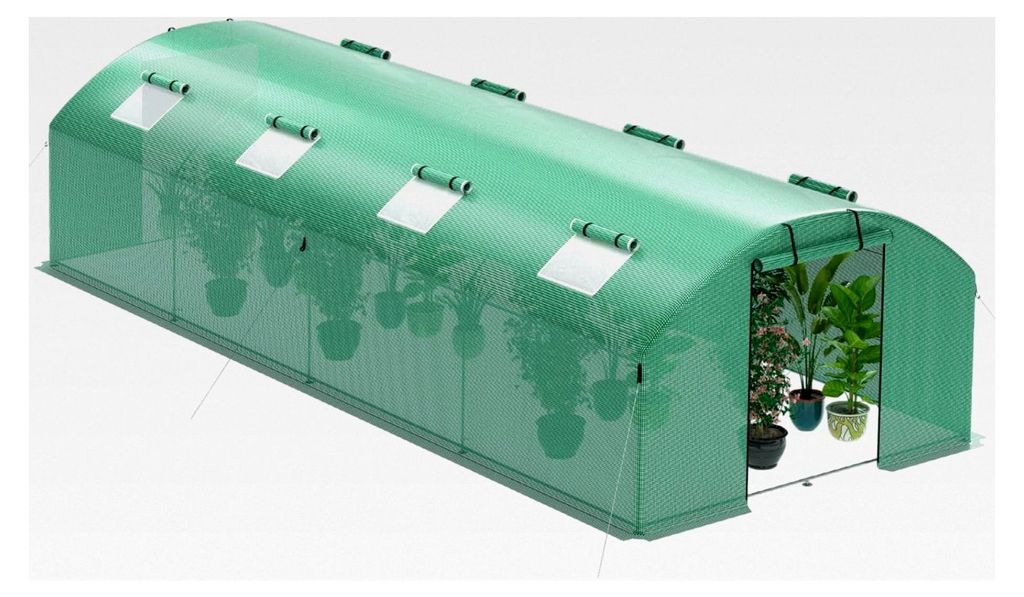 Gewächshaus 300x800x200cm, Gemüsegewächshaus mit 8 Fenstern und 2 Reißverschlusstüren, 140g/m² PE UV50+ Abdeckung. Erdanker und Windseile fü...