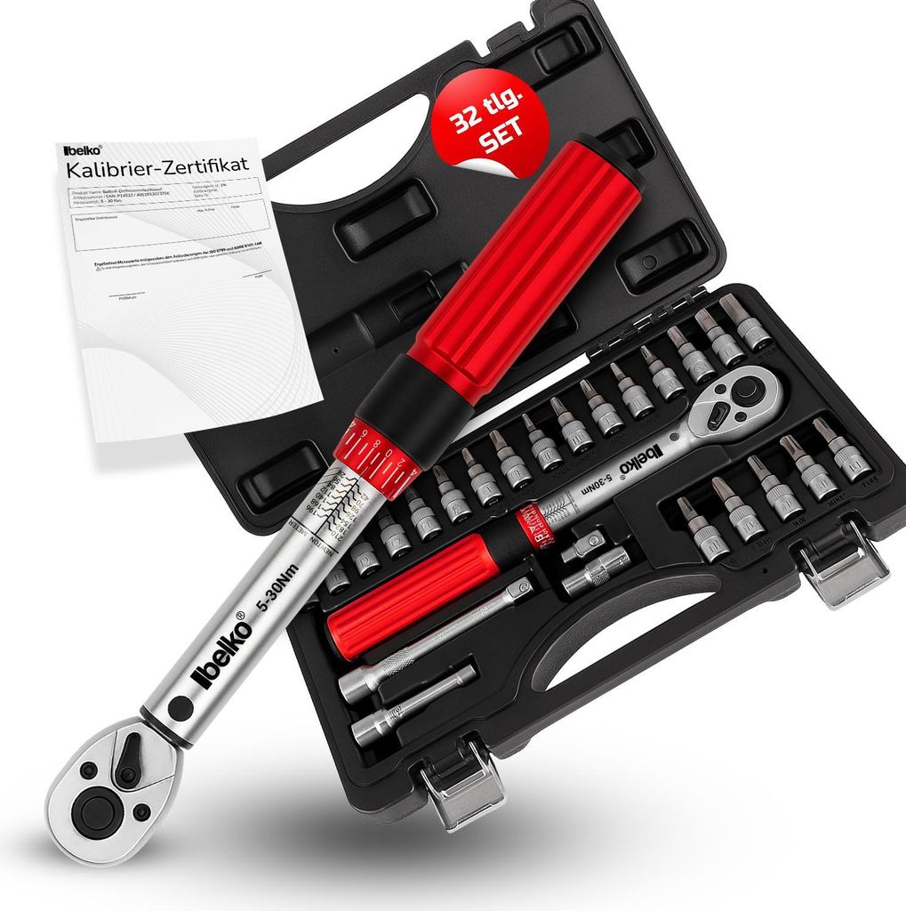 A torque wrench set is displayed in its open case, with the tools neatly arranged.