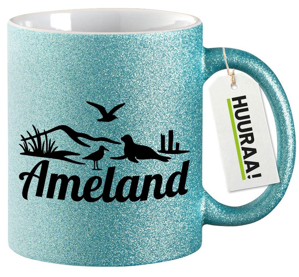 Huuraa Glitzertasse Ameland Niederlande 330ml Blau Keramik Kaffeebecher Geschenkidee