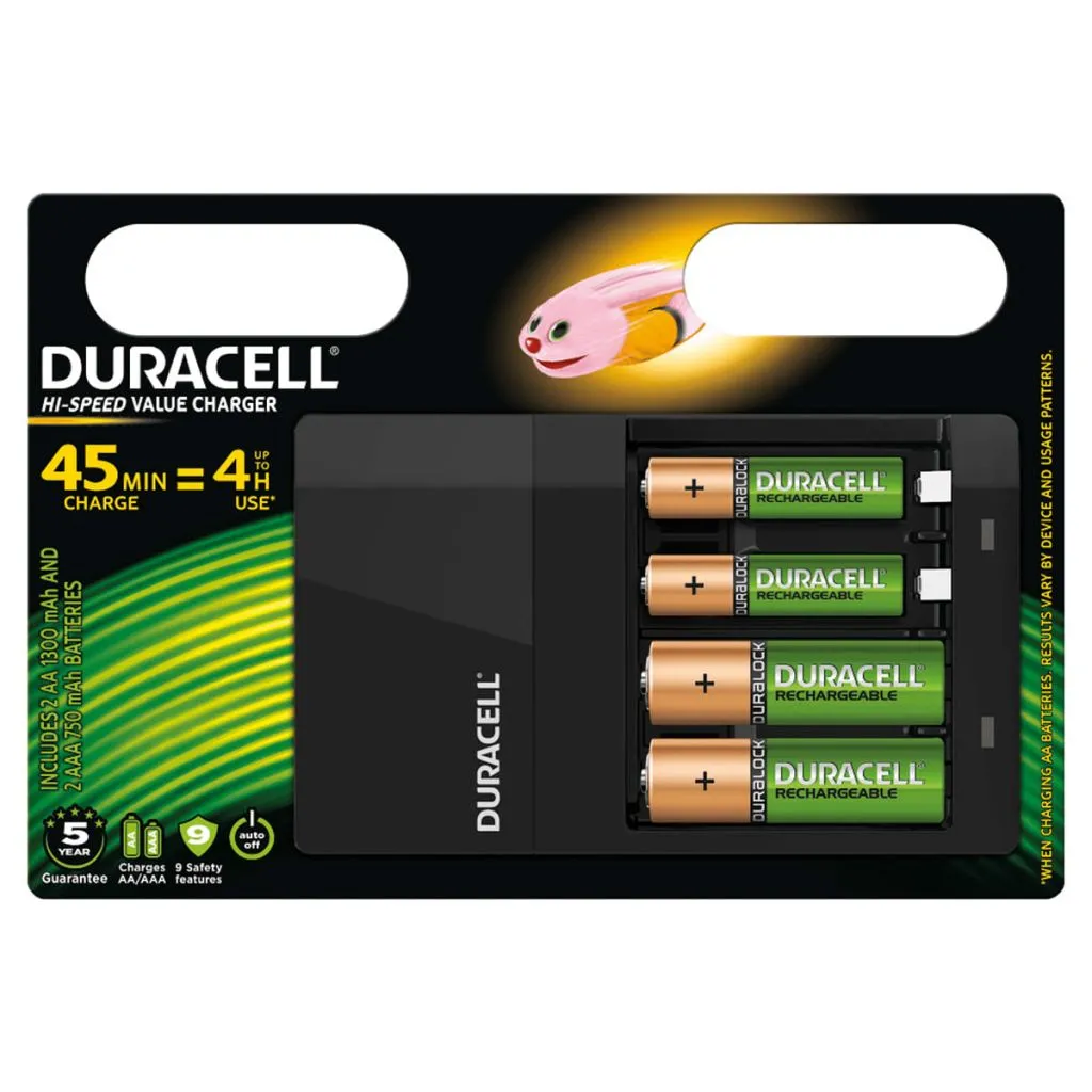 Duracell CEF14 Chargeur de piles Hi-Speed 45 min avec 4 piles AA AAA