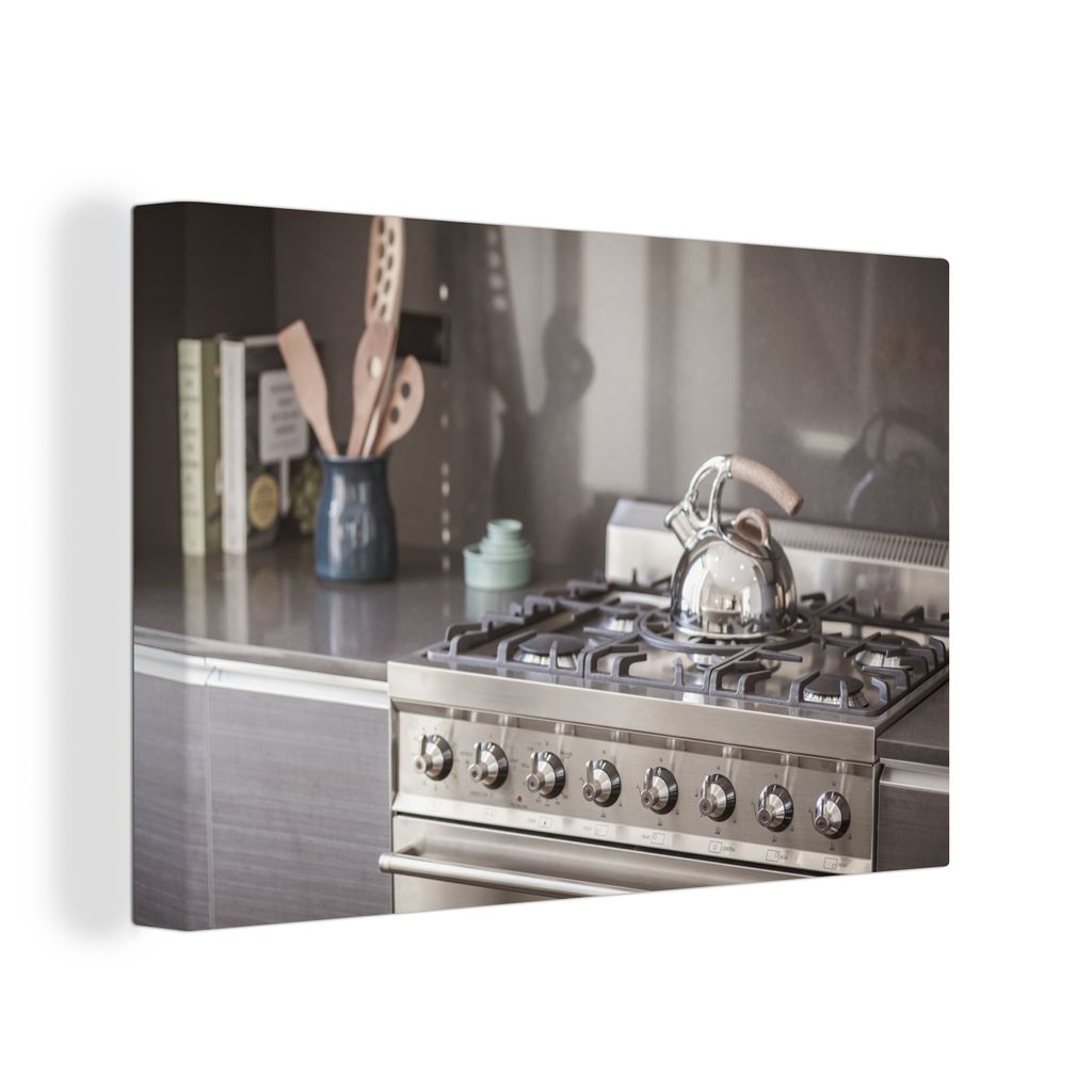 OneMillionCanvasses - Leinwand Bilder XXL - 120x80 cm - Ein Wasserkocher auf einem Küchenherd - Wand bilder - Wandbilder Wohnzimmer - Wandbilder S...