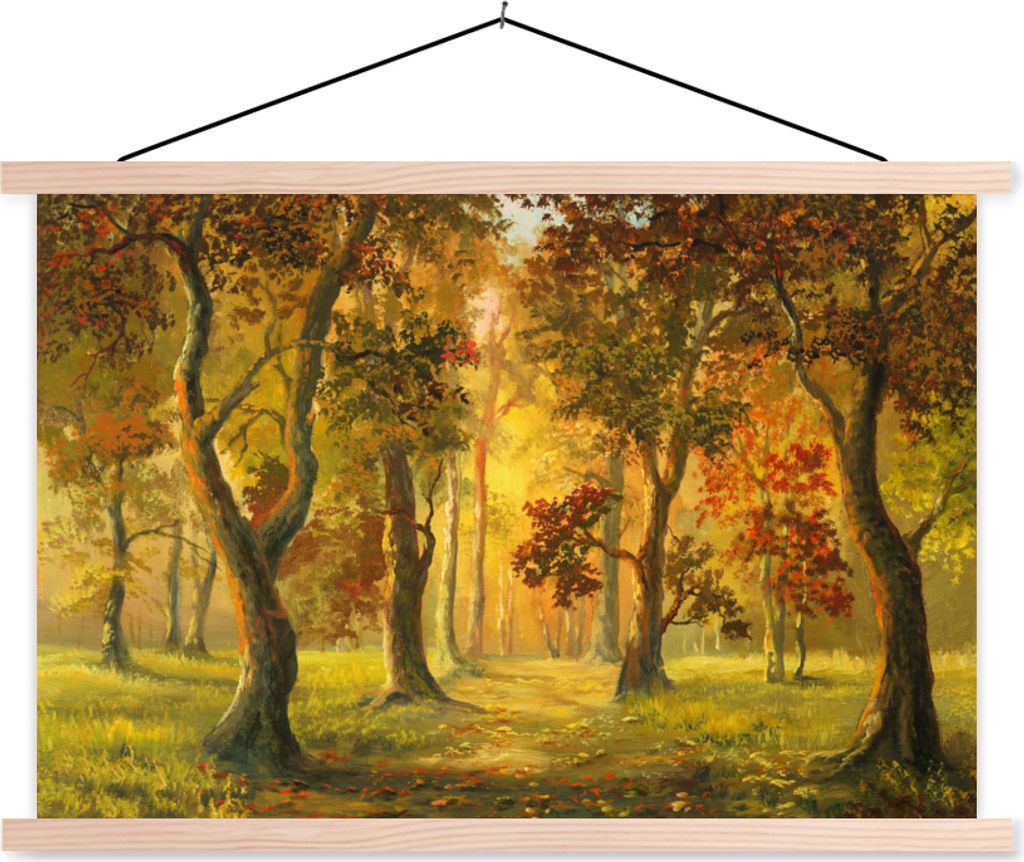 MuchoWow Textilposter Eine Illustration eines Waldes in der Herbstsonne 120x80 cm mit holzfarbenen Rahmen - Aufhängeset