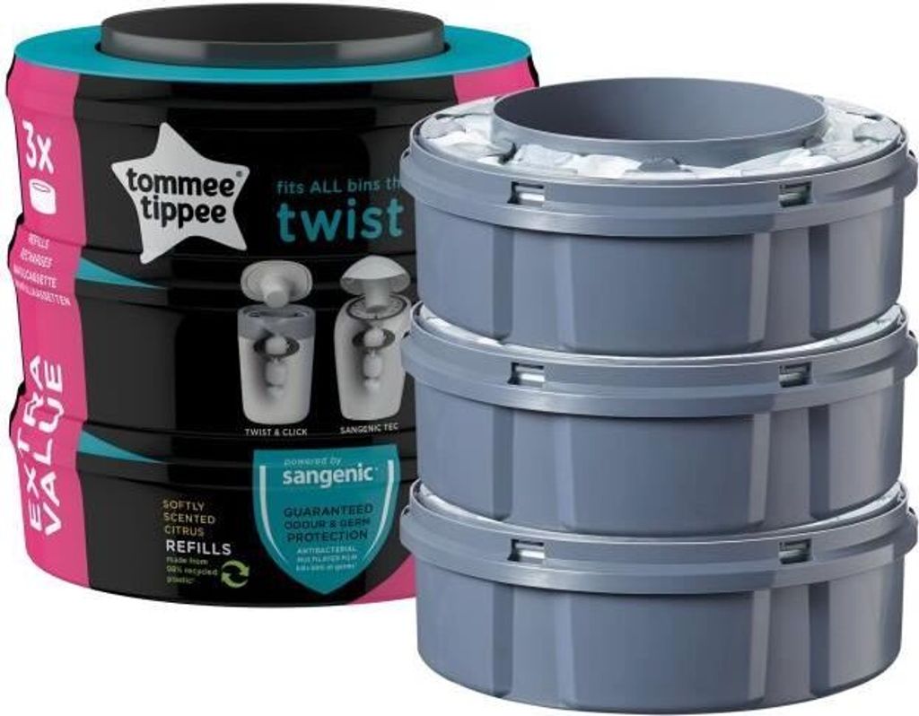 Tommee Tippee Twist and Click Advanced Windeleimer Nachfüllkassetten, Nachhaltig gewonnener antibakterieller Greenfilm , 3er-Set