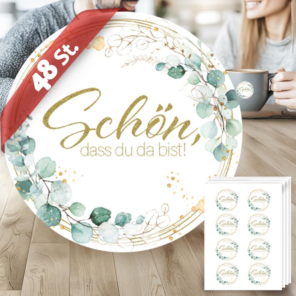48 Aufkleber Rund - "Schön, dass du da bist" - Greenery Efeu Golden Whisper