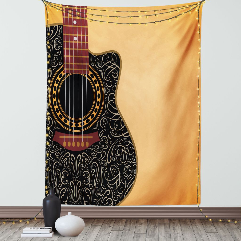 ABAKUHAUS Gitarre Wandteppich, Clipped Gitarre mit Vintage Floral Folk Ornamente Musiker Hobbys, Wohnzimmer Schlafzimmer Seidiger Satin Wandtuch, 1...