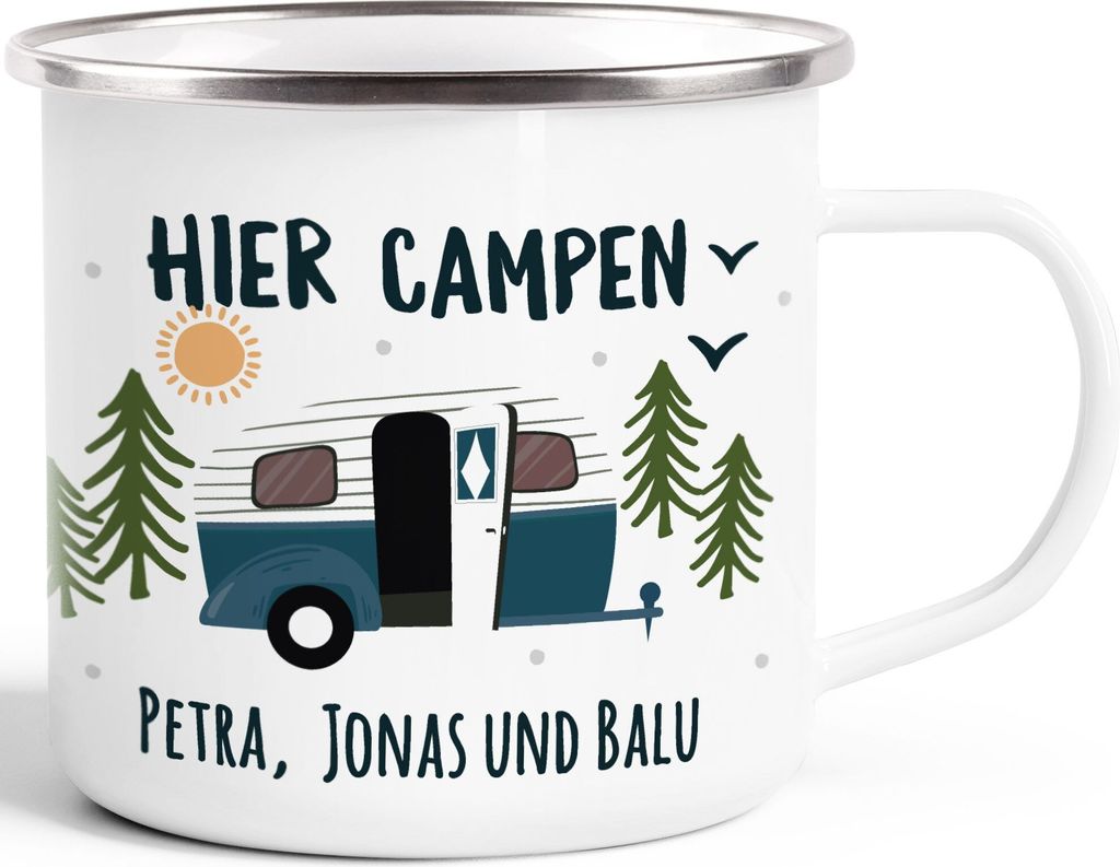 Emailletasse Camping personalisiert Namen Familie Geschenke für Camper Wohnwagen personalisierbar.Becher Emaille SpecialMe emaille-weiß-silber ...