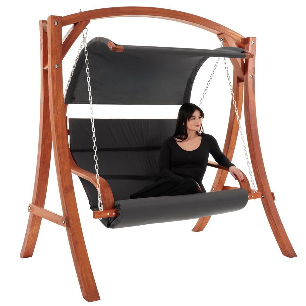 di volio Hollywoodschaukel Pergia grau, Gartenschaukel aus Holz, Outdoor Hängesessel mit Gestell für 2 Personen, mit Sonnendach, wetterfest & robust