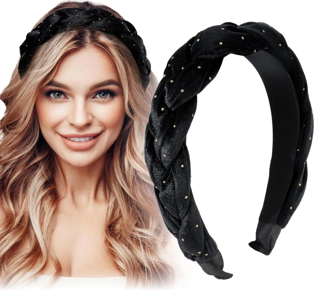 Serre-tête en velours noir à pois blancs avec design tressé chic