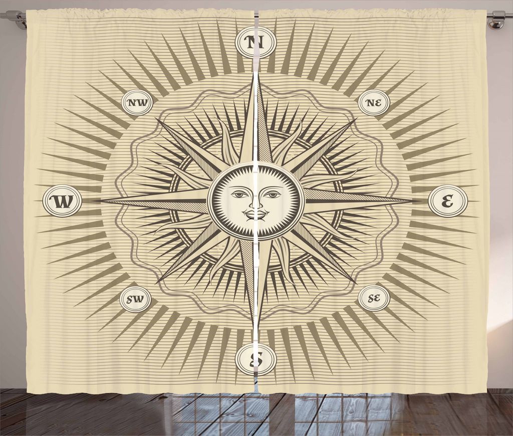 ABAKUHAUS Kompass Rustikaler Gardine, Vintage Windrose, Schlafzimmer Kräuselband Vorhang mit Schlaufen und Haken, 280 x 245 cm, Beige und Dunkel T...