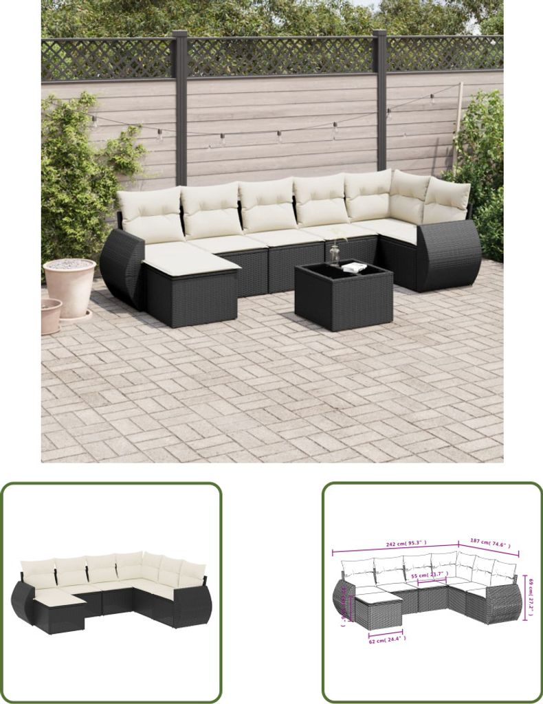 The Living Store 7-tlg. Garten-Sofagarnitur mit Kissen Schwarz Poly Rattan