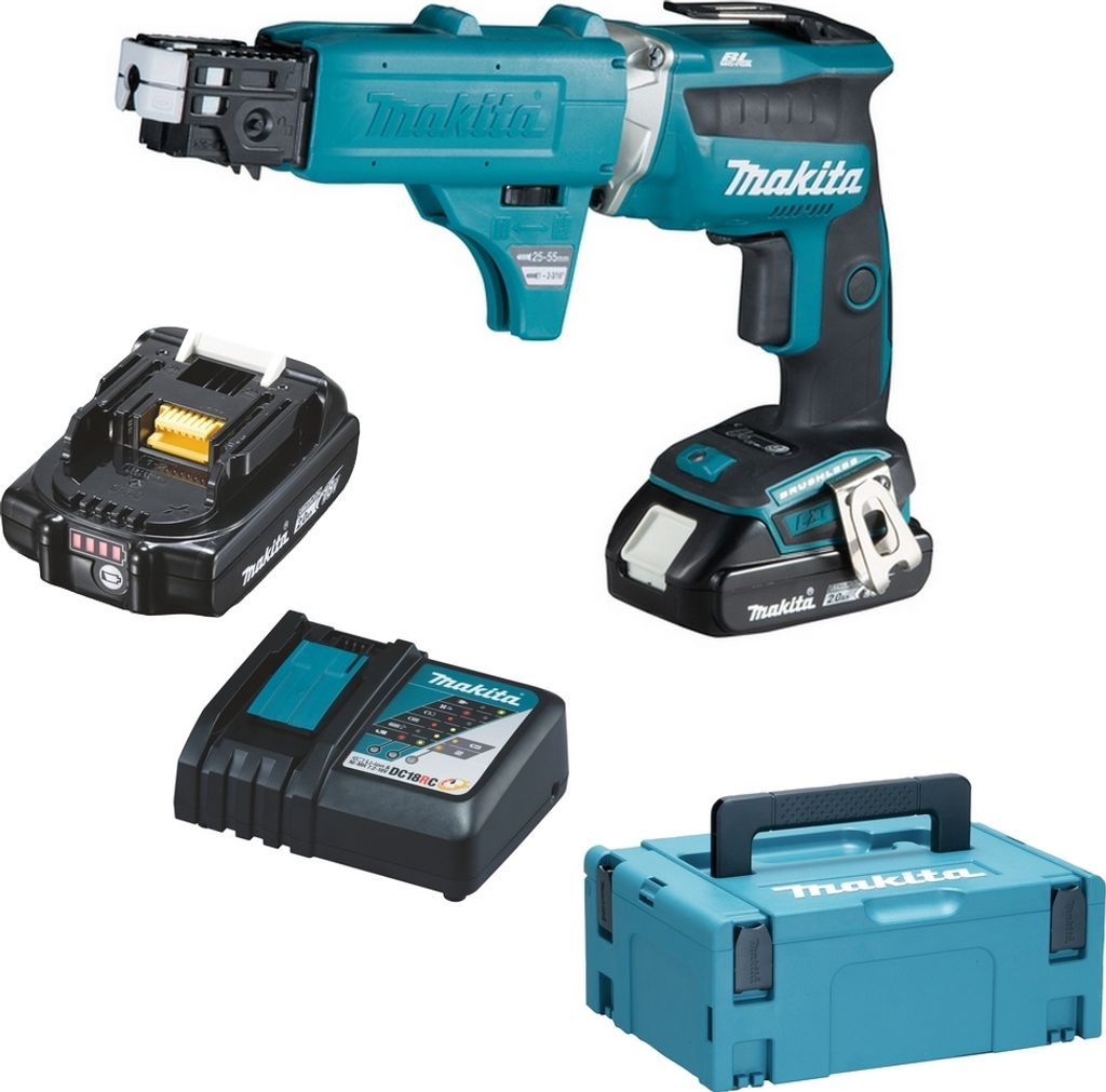 A set of Makita power tools, including a cordless screwdriver, two batteries, a charger, and a storage case, are displayed against a white background.