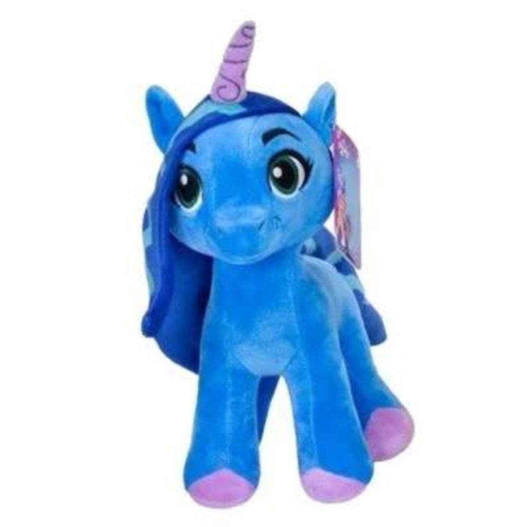 A blue plush toy unicorn with a purple horn and purple hooves, standing on a white background.