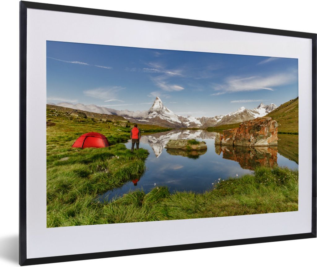 MuchoWow Gerahmtes Poster Camping in einer Schweizer Landschaft 60x40 cm - Poster mit Schwarzem Bilderrahmen Wandposter Rahmen Foto Bilder - Schl...