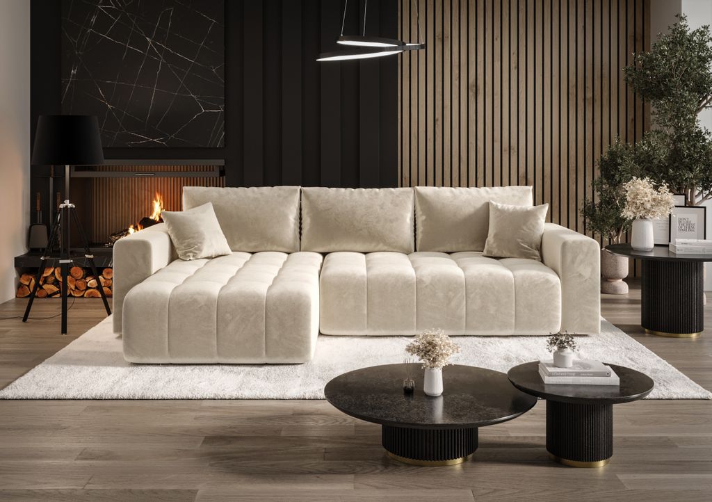 A modern living room with a sectional sofa, fireplace, and coffee tables.
