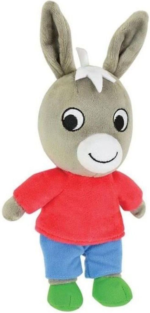 A plush toy donkey standing against a white background.