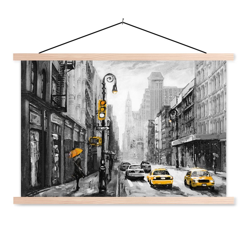 MuchoWow Textilposter Gemälde - Ölfarbe - Stadt - Auto 120x80 cm mit holzfarbenen Rahmen - Aufhängeset