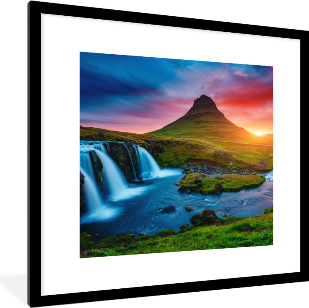 MuchoWow Gerahmtes Poster Wasserfall - Berg - Moos - Sonnenuntergang - Natur 40x40 cm - Poster mit Schwarzem Bilderrahmen Wandposter Rahmen Foto ...