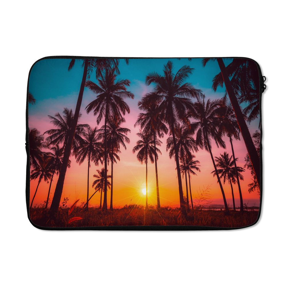 MuchoWow Laptop Hülle 13 Zoll Palme - Sonnenuntergang - Horizont - Strand - Orange - Rosa Laptoptasche - Laptophülle - Sleeve - Rundumschutz
