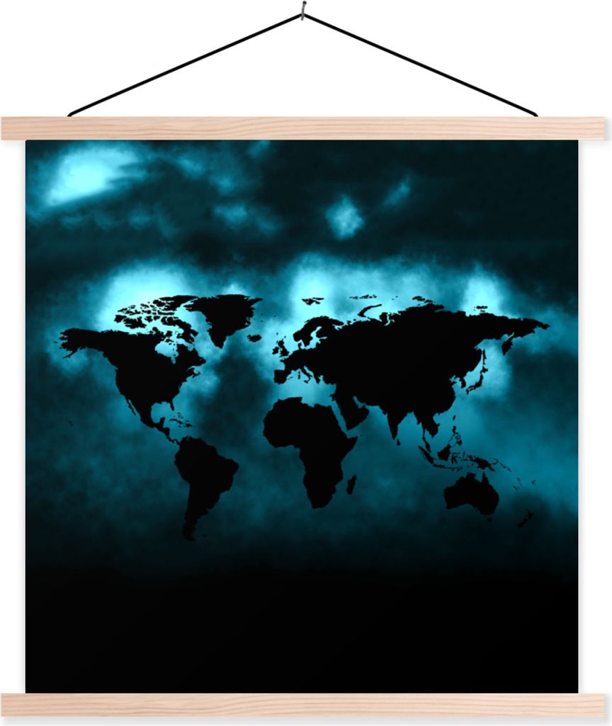 MuchoWow Textilposter Weltkarte - Schwarz - Blau 40x40 cm mit holzfarbenen Rahmen - Posterleiste