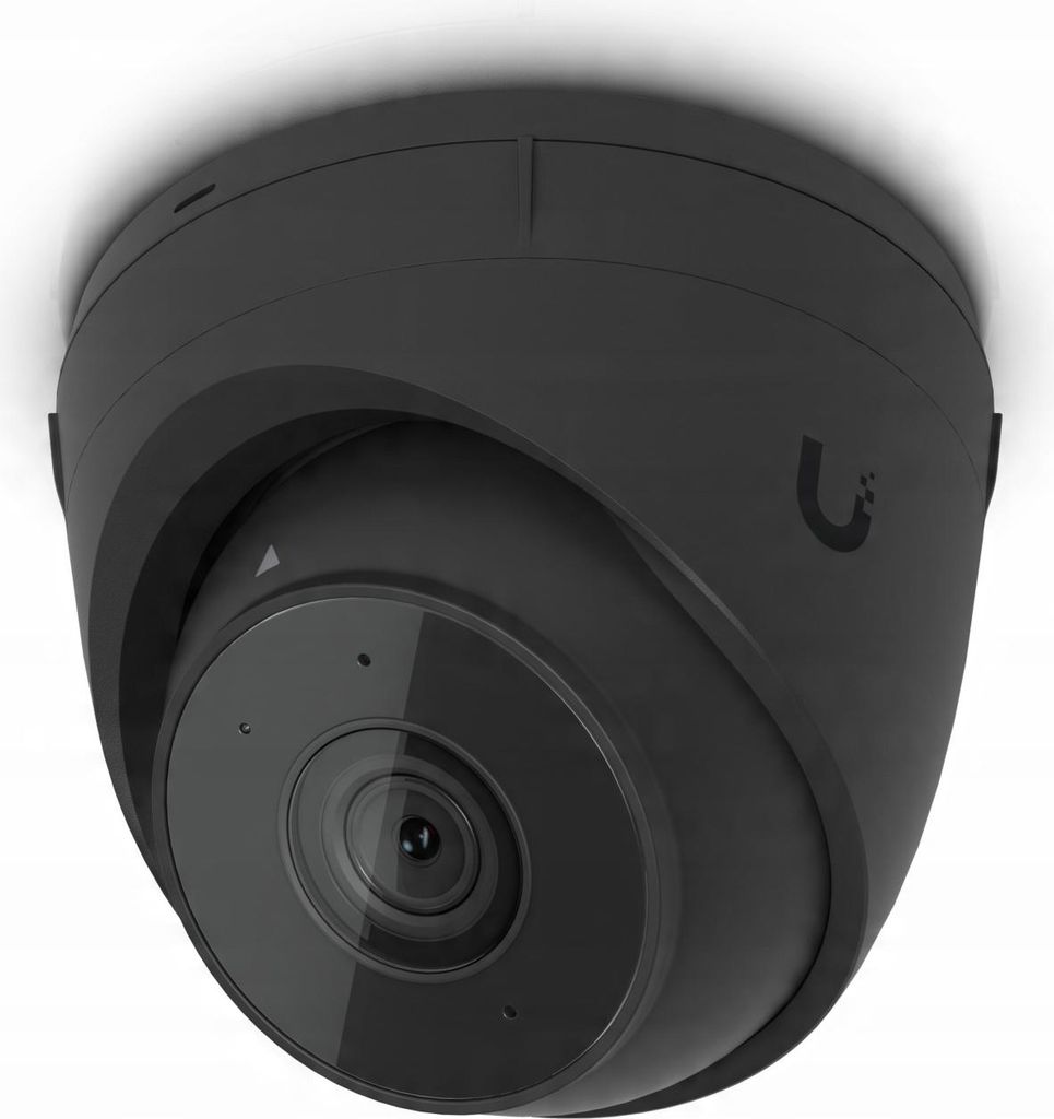 A black dome security camera mounted on a white ceiling.