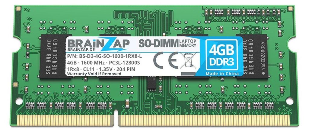 BRAINZAP 4GB DDR3 RAM SO-DIMM PC3L-12800S 1Rx8 1600 MHz 1.35V CL11 Notebook Laptop Arbeitsspeicher