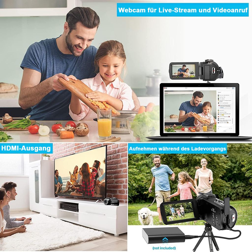 VBESTLIFE Camcorder 30 MP, 2,7K HD, 3 Zoll Touchscreen – Mit Anti-Shake, Digitalzoom & Drahtloser Fernbedienung
