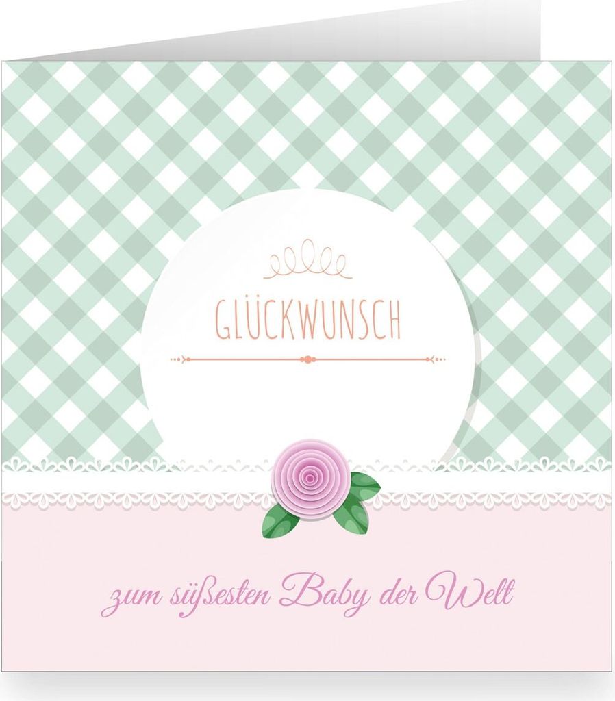 Rosa Shabby chic Babykarte mit Vichy Karo innen weiß: Glückwunsch zum süßesten Baby der Welt -