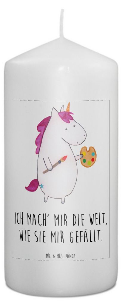 Mr. & Mrs. Panda Kerze Einhorn Künstler 15 x 7 cm - Weiß - Geschenk, Wachskerze, Blockkerze, Unicorn, Bedruckte, Welt, Zeichnen, Stumpenkerze, Ma...