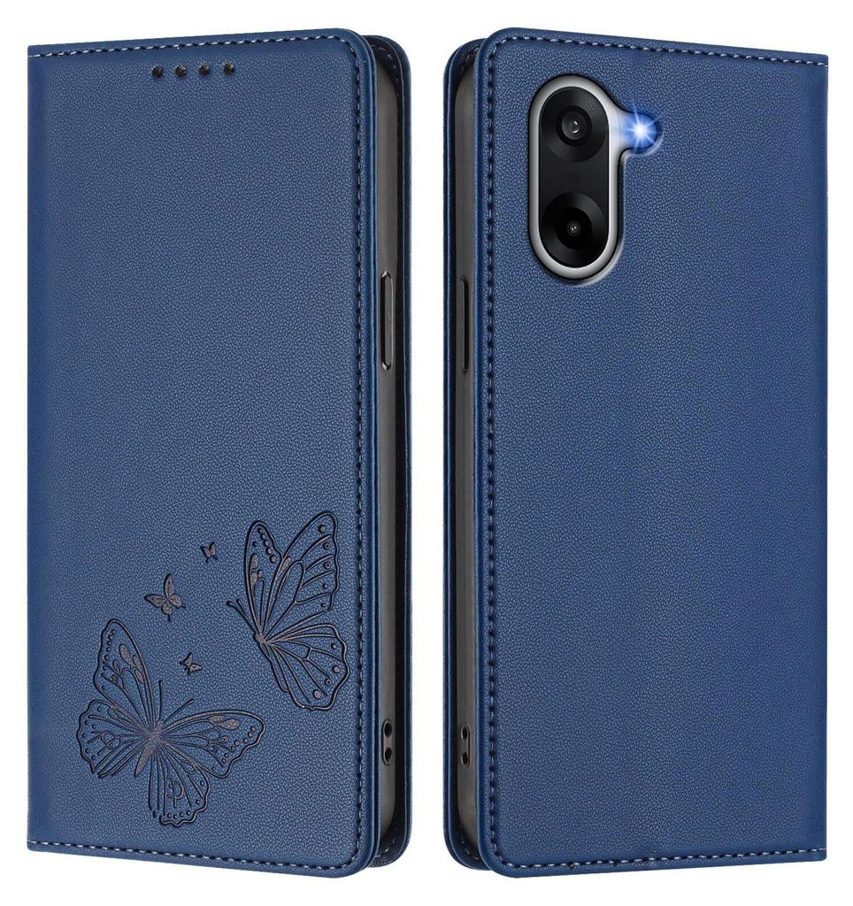 Lederhülle für OnePlus Nord CE5 / Ace 5 Racing, Schmetterling Prägung Leder Brieftasche Schutzhülle mit Ständer Dunkelblau