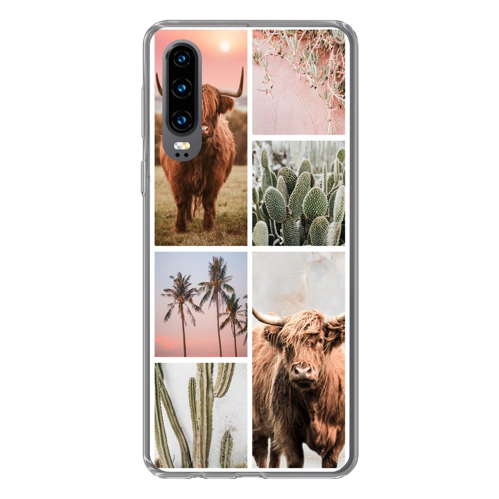 MuchoWow Handyhülle Schutzhülle Hülle für Huawei P30 Schottischer Highlander - Sukkulente - Pastell Silikon Softcase Handy Hülle - Kartenbes...