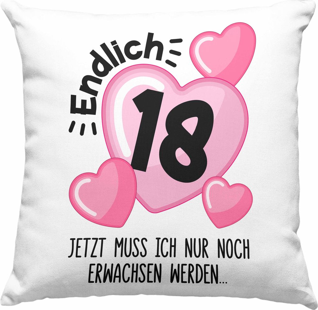 Trendation - 18. Geburtstag Deko-Kissen mit Füllung 40x40 Geschenk Mädchen Geschenkidee Lustig Spruch 18 Geschenke Geschenkideen zum 18 Bday 18er...
