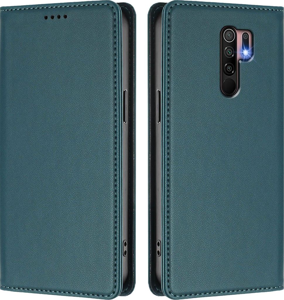 Handyhülle für Xiaomi Redmi 9, Kunstleder Klapphülle Stoßfeste Magnetische Hülle mit Ständer Grün