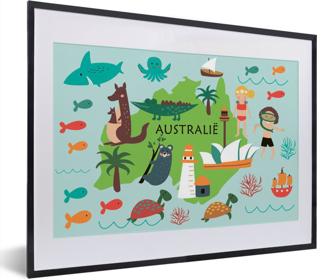 MuchoWow MuchoWow Gerahmtes Poster Weltkarte Kinder - Australien - Tiere 40x30 cm - Poster mit zchwarzem Bilderrahmen - Bilderrahmen - Poster i...