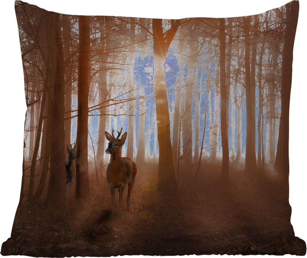 MuchoWow Outdoor Kissen - Wald - Hirsche - Sonne - Bäume - Winter - Natur - Tiere - 40x40 cm - Wetterfest - Lounge Kissen - Kopfkissen - Interie...