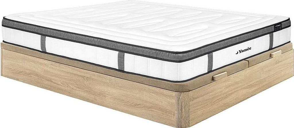 Set aus Bettgestell mit Bettkasten + Matratze - 180 x 200 cm - Hybridmatratze - 7-Zonen-Taschenfederkern & Memory Schaum - Stärke 30 cm - Holzfarb...